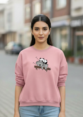 Women's Casual Crew Neck Sweatshirt Soft & Loose Fit Pullover In Pink Color Graphic Printed Panda Holding Branch - Mayaar Collections