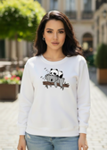 Women's Casual Crew Neck Sweatshirt Soft & Loose Fit Pullover In White Color Graphic Printed Panda Holding Branch - Mayaar Collections