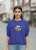 Women's Casual Crew Neck Sweatshirt Soft & Loose Fit Pullover In Navy blue Color Graphic Printed Panda Holding Branch - Mayaar Collections