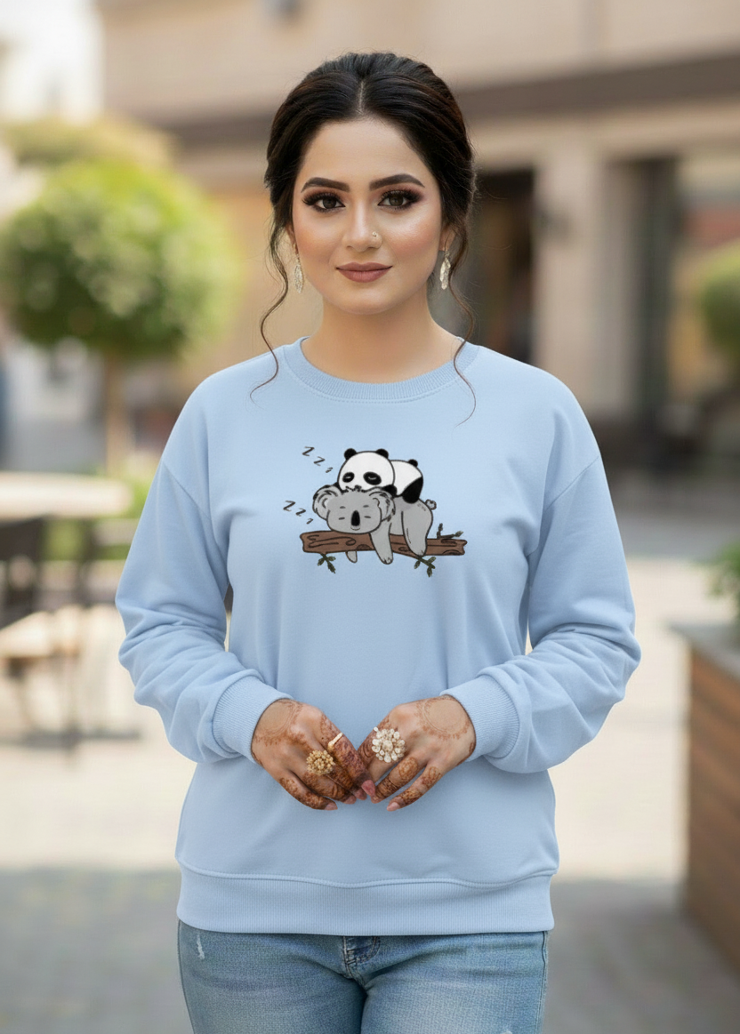 Women's Casual Crew Neck Sweatshirt Soft & Loose Fit Pullover In Light Blue Color Graphic Printed Panda Holding Branch - Mayaar Collections