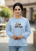 Women's Casual Crew Neck Sweatshirt Soft & Loose Fit Pullover In Light Blue Color Graphic Printed Panda Holding Branch - Mayaar Collections