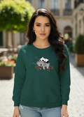 Women's Casual Crew Neck Sweatshirt Soft & Loose Fit Pullover In Dark Green Color Graphic Printed Panda Holding Branch - Mayaar Collections