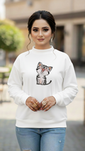 Women's Casual Crew Neck Sweatshirt Soft & Loose Fit Pullover In White Color Cat Printed - Mayaar Collections
