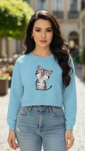 Women's Casual Crew Neck Crop Top Sweatshirt Soft & Loose Fit Pullover In Light Blue Color Cat Printed - Mayaar Collections
