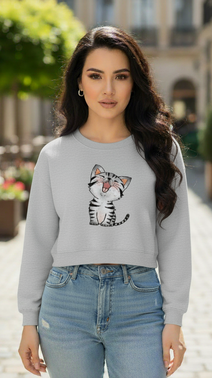 Women's Casual Crew Neck Crop Top Sweatshirt Soft & Loose Fit Pullover In Grey Color Cat Printed - Mayaar Collections