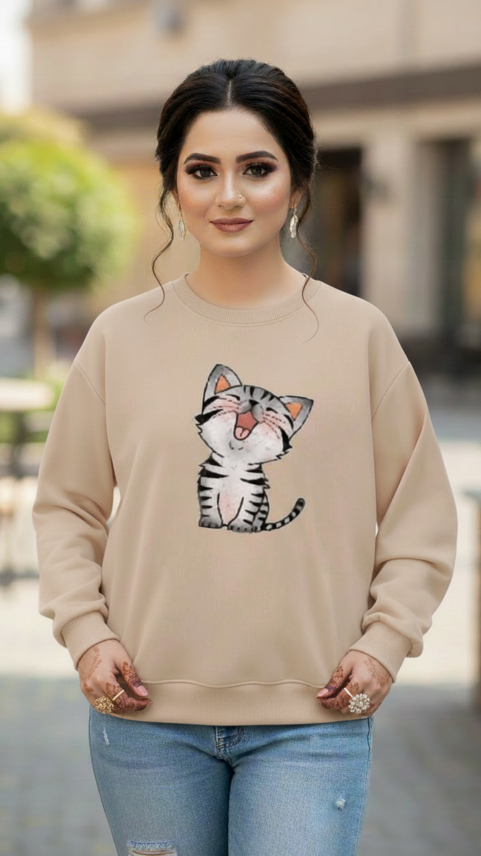 Women's Casual Crew Neck Sweatshirt Soft & Loose Fit Pullover In Beige Color Cat Printed - Mayaar Collections