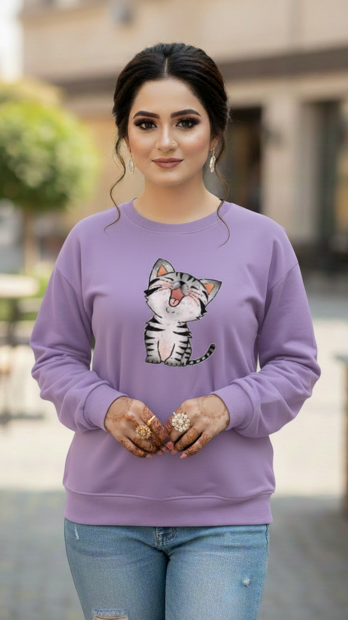 Women's Casual Crew Neck Sweatshirt Soft & Loose Fit Pullover In Purple Color Cat Printed - Mayaar Collections