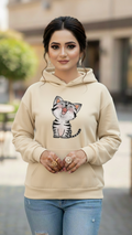 Womens Beige Printed Cat Hoodie Pullover Long Sleeve Casual Fashion Sweatshirts Drawstring Gym Hooded Shirt with kangaroo Pocket - Mayaar Collections
