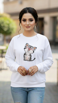 Women's Casual Crew Neck Sweatshirt Soft & Loose Fit Pullover In White Color Cat Printed - Mayaar Collections