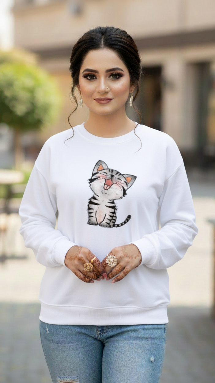 Women's Casual Crew Neck Sweatshirt Soft & Loose Fit Pullover In White Color Cat Printed - Mayaar Collections