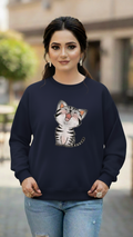Women's Casual Crew Neck Sweatshirt Soft & Loose Fit Pullover In Navy Blue Color Cat Printed - Mayaar Collections