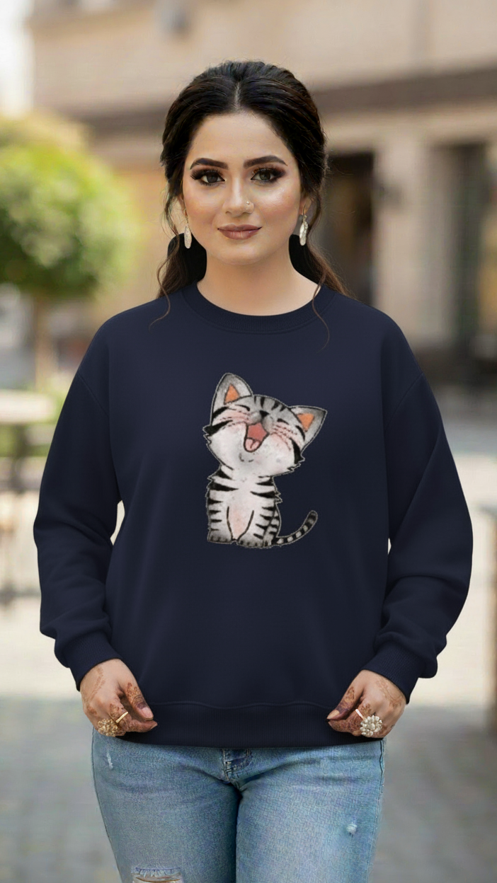 Women's Casual Crew Neck Sweatshirt Soft & Loose Fit Pullover In Navy Blue Color Cat Printed - Mayaar Collections