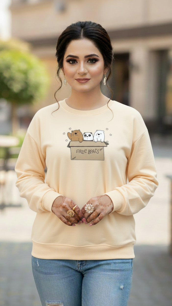 Women's Casual Crew Neck Sweatshirt Soft & Loose Fit Pullover In Beige Color Graphic Printed Free Bears - Mayaar Collections