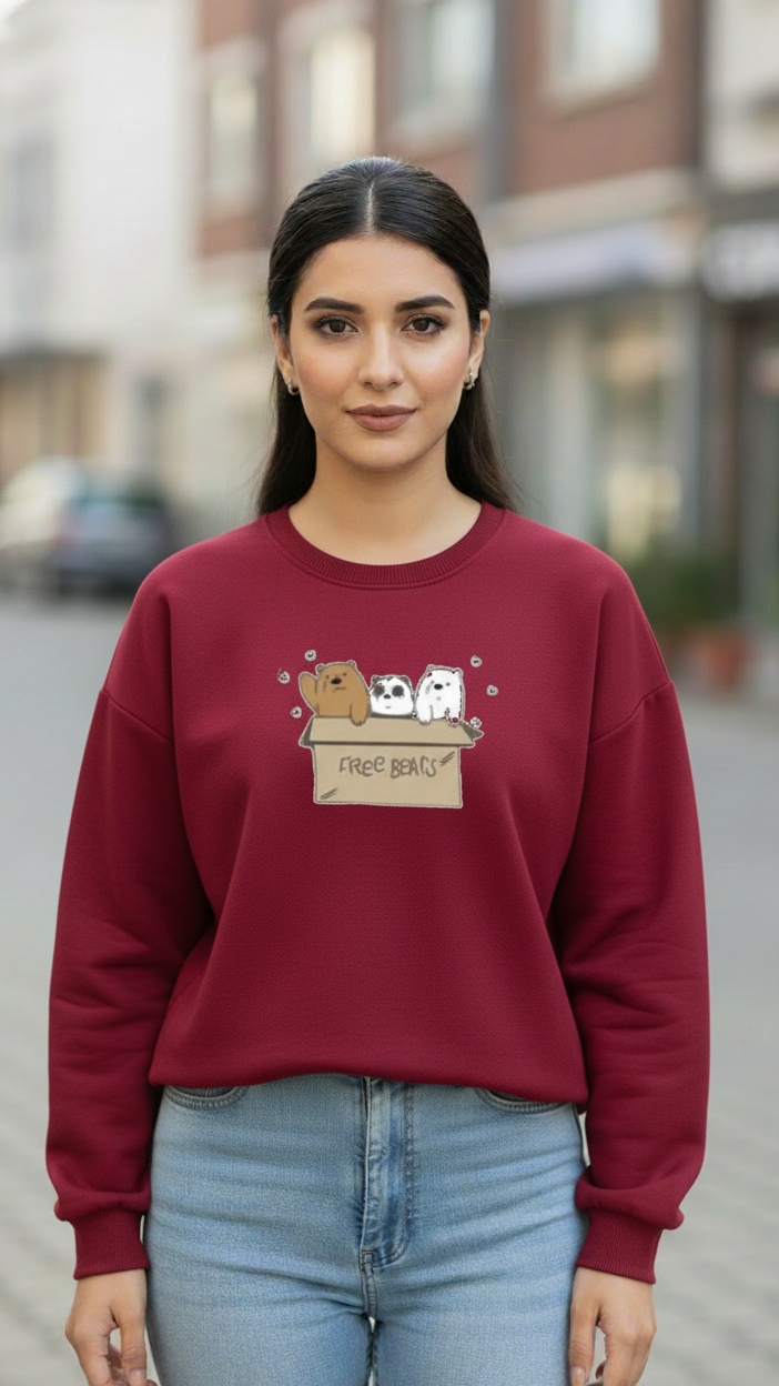 Women's Casual Crew Neck Sweatshirt Soft & Loose Fit Pullover In Maroon Color Graphic Printed Free Bears - Mayaar Collections