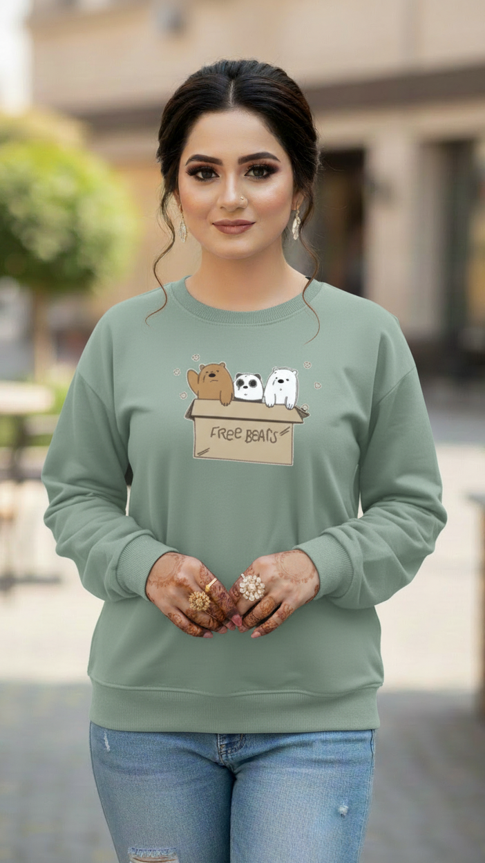 Women's Casual Crew Neck Sweatshirt Soft & Loose Fit Pullover In Light Green Color Graphic Printed Free Bears - Mayaar Collections