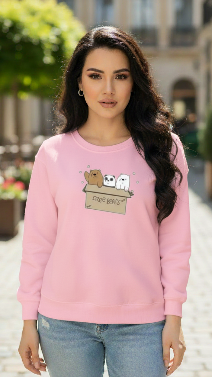 Women's Casual Crew Neck Sweatshirt Soft & Loose Fit Pullover In Pink Color Graphic Printed Free Bears - Mayaar Collections