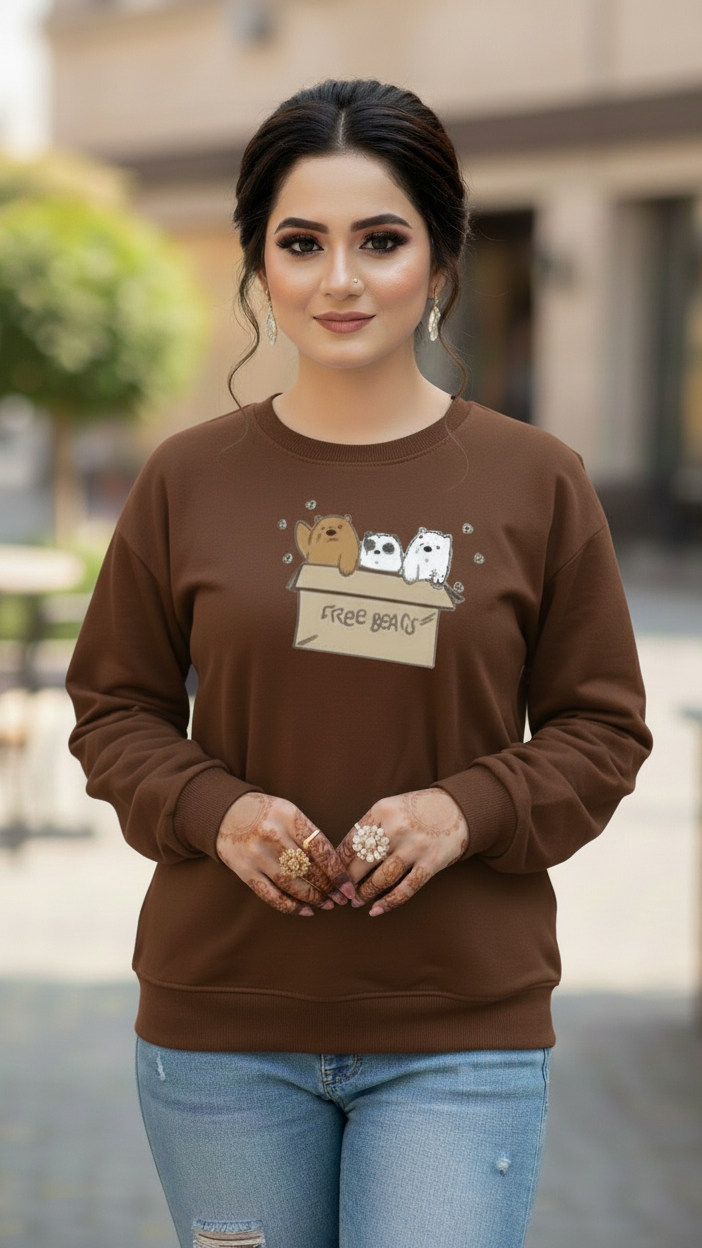 Women's Casual Crew Neck Sweatshirt Soft & Loose Fit Pullover In Brown Color Graphic Printed Free Bears - Mayaar Collections