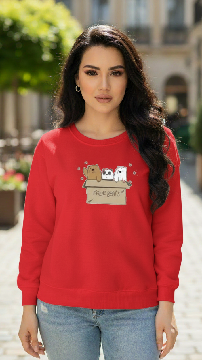 Women's Casual Crew Neck Sweatshirt Soft & Loose Fit Pullover In Red Color Graphic Printed Free Bears - Mayaar Collections