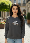 Women's Casual Crew Neck Sweatshirt Soft & Loose Fit Pullover In Dark Gray Color Graphic Printed Panda Holding Branch - Mayaar Collections