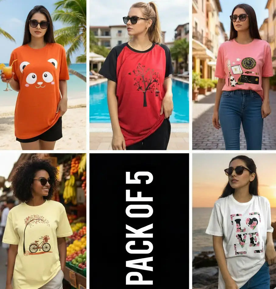 Pack of 5 Women’s Graphic T-Shirts | Casual Short Sleeve Crew Neck Tees - Mayaar Collections