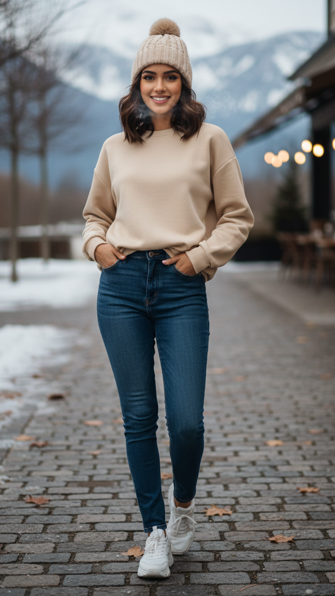 Women's Casual Crew Neck Sweatshirt Soft & Loose Fit Pullover In Beige Color