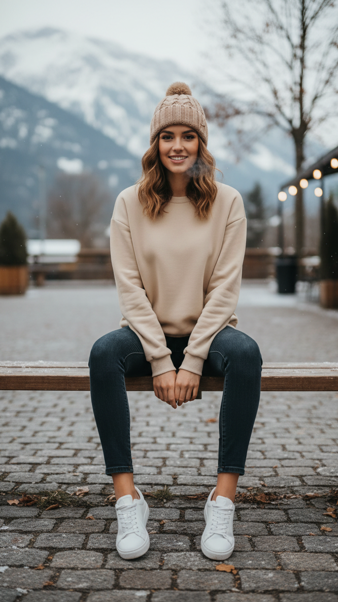 Women's Casual Crew Neck Sweatshirt Soft & Loose Fit Pullover In Beige Color