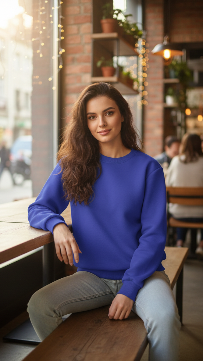 Women's Casual Crew Neck Sweatshirt Soft & Loose Fit Pullover In Navy blue Color