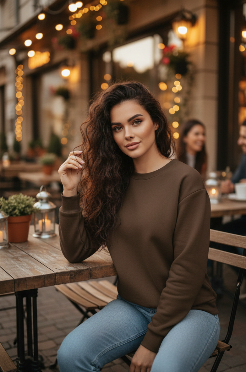 Women's Casual Crew Neck Sweatshirt Soft & Loose Fit Pullover In Brown Color