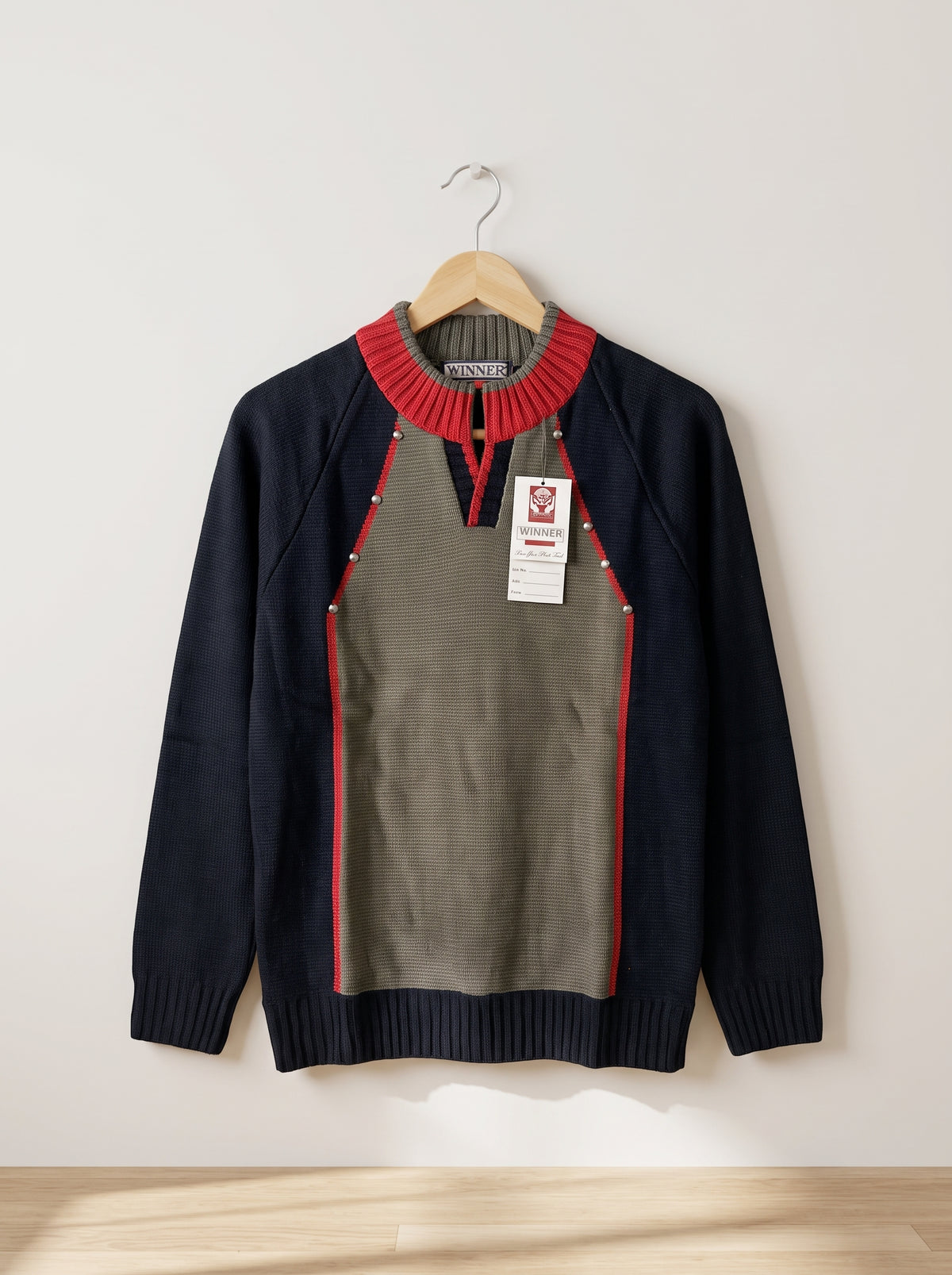 Men’s Dark Blue & Olive Green Color Block Knit Sweater with Ribbed Collar and Pearl Button Details