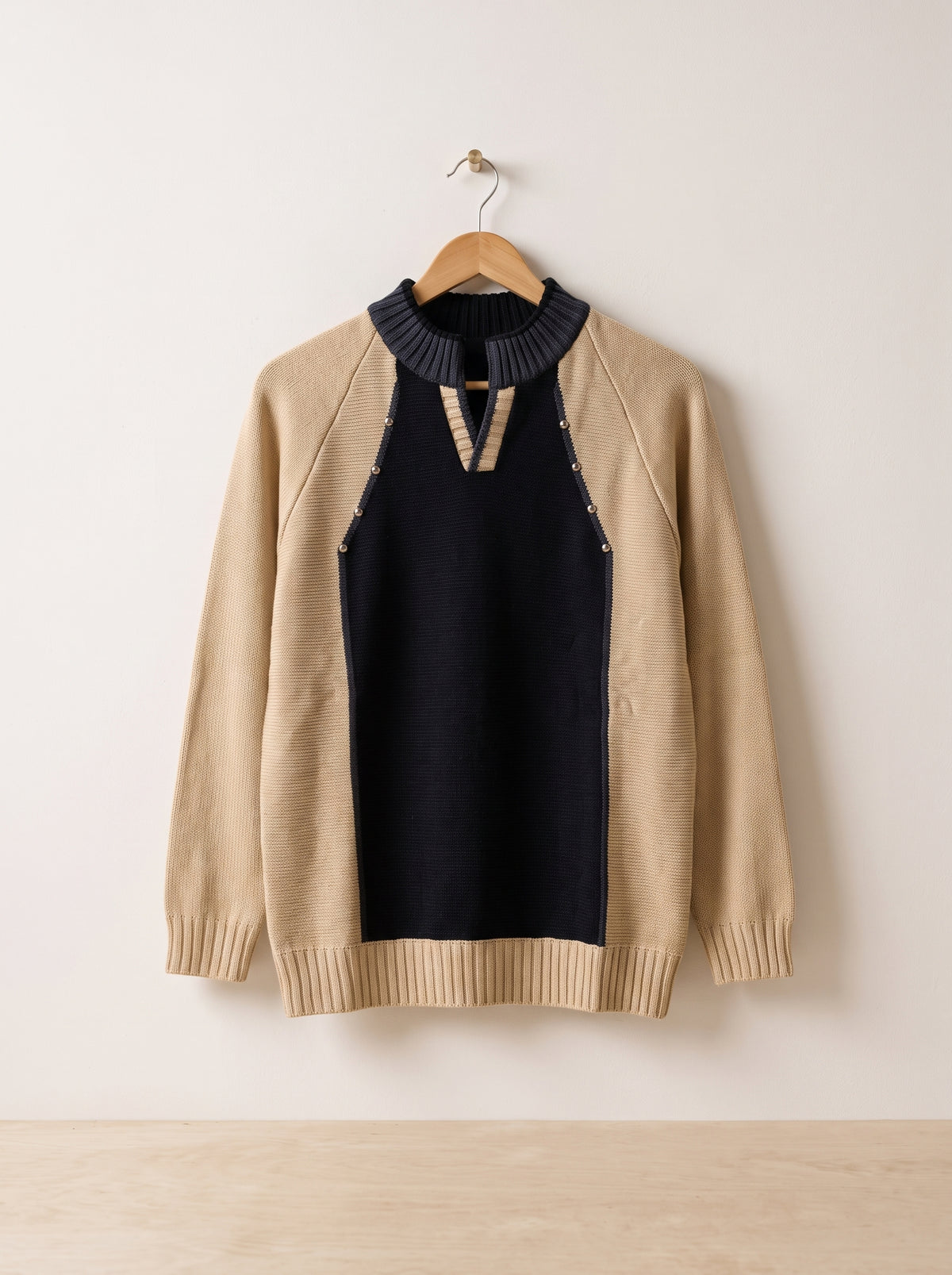 Men’s Beige & Black Color Block Knit Sweater with Ribbed Collar and Pearl Button Details