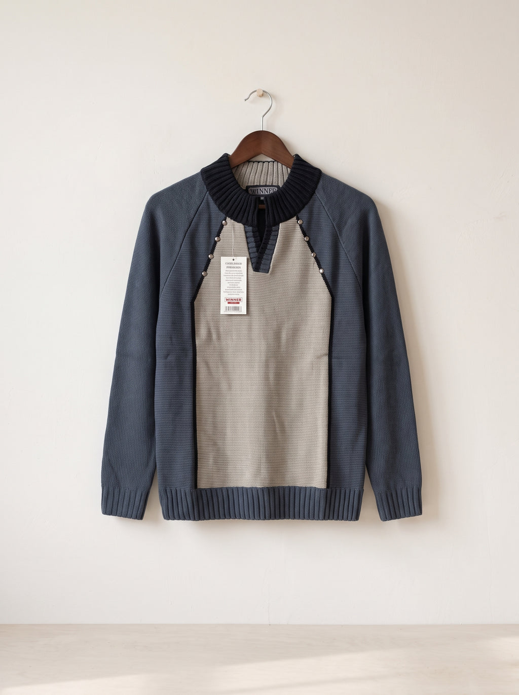 Men’s Blue & Beige Color Block Knit Sweater with Black Ribbed Collar