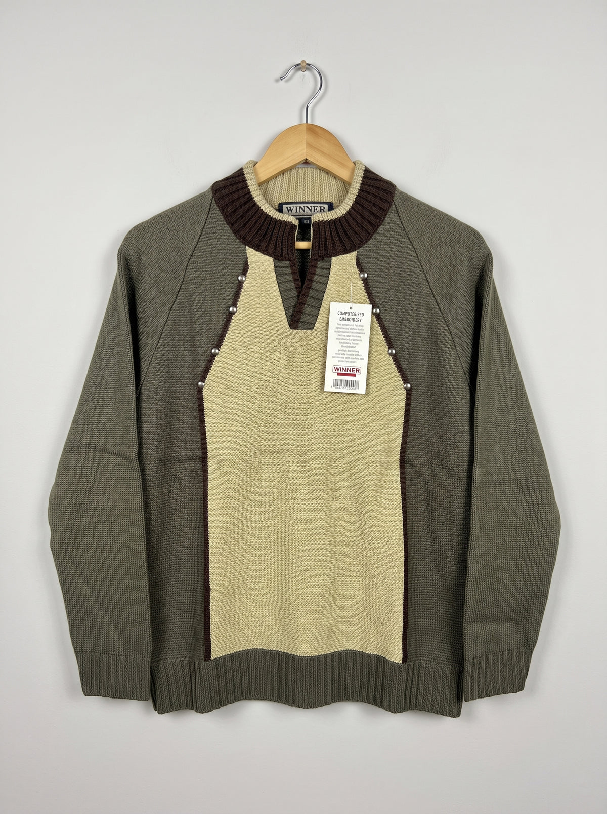 Men’s Olive Green & Beige Color Block Knit Sweater with Brown Collar