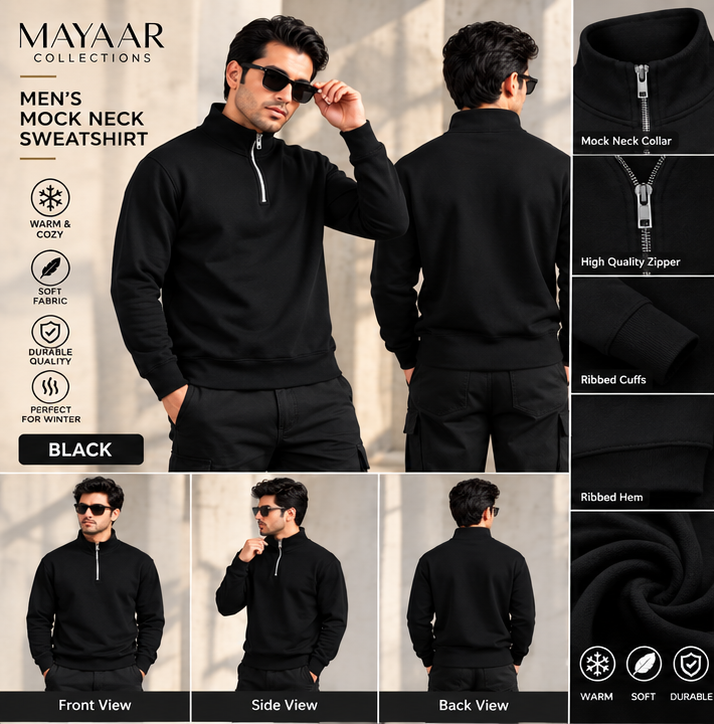 Men’s Black Mock Neck Sweatshirt – Long Sleeve Pullover Casual Top for Gym, Workout & Everyday Wear