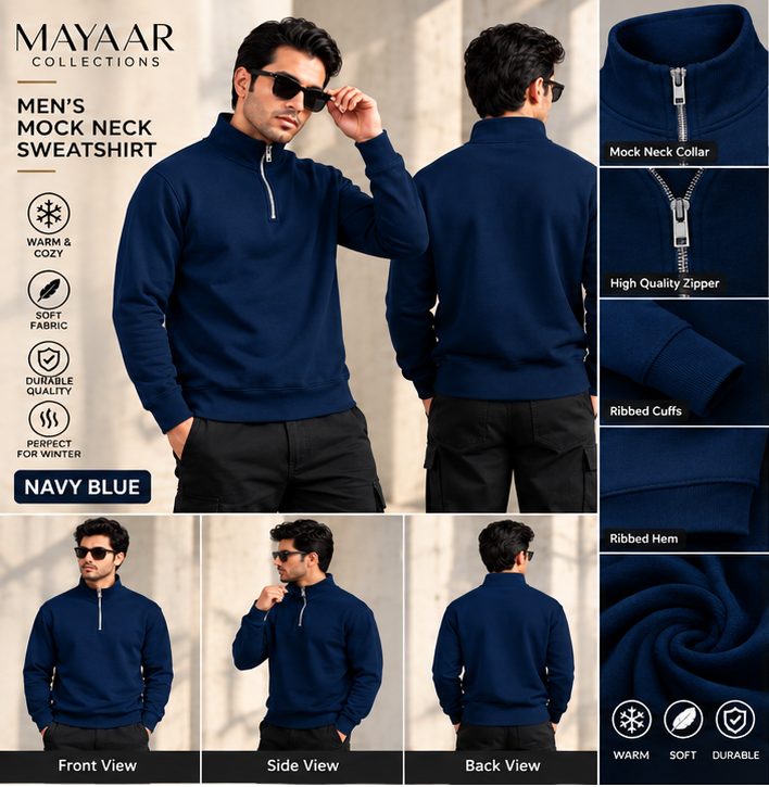 Men’s Navy Blue Mock Neck Sweatshirt – Long Sleeve Pullover Casual Top for Gym, Workout & Everyday Wear