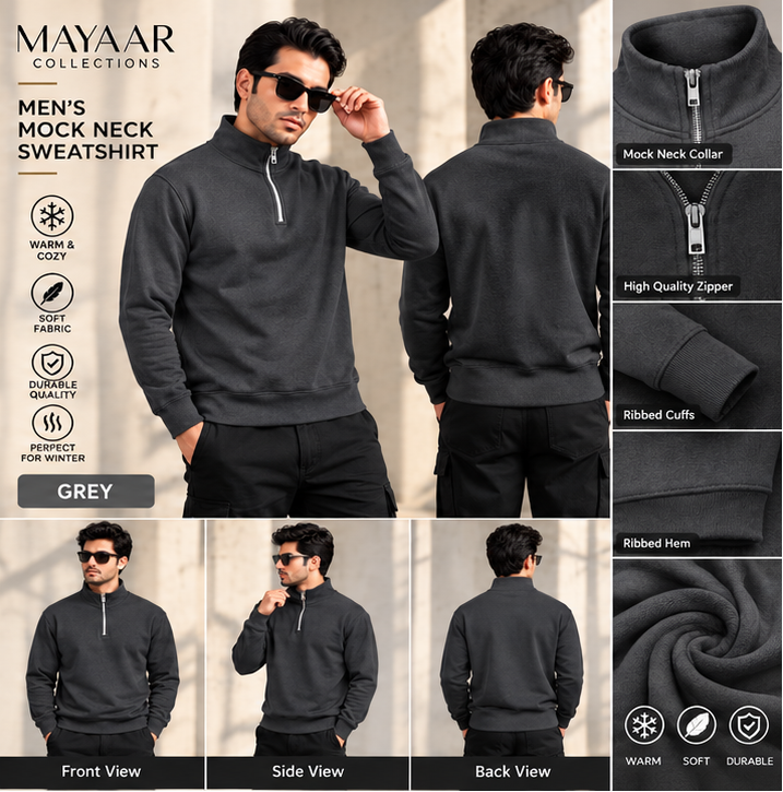 Men’s Gray Mock Neck Sweatshirt – Long Sleeve Pullover Casual Top for Gym, Workout & Everyday Wear