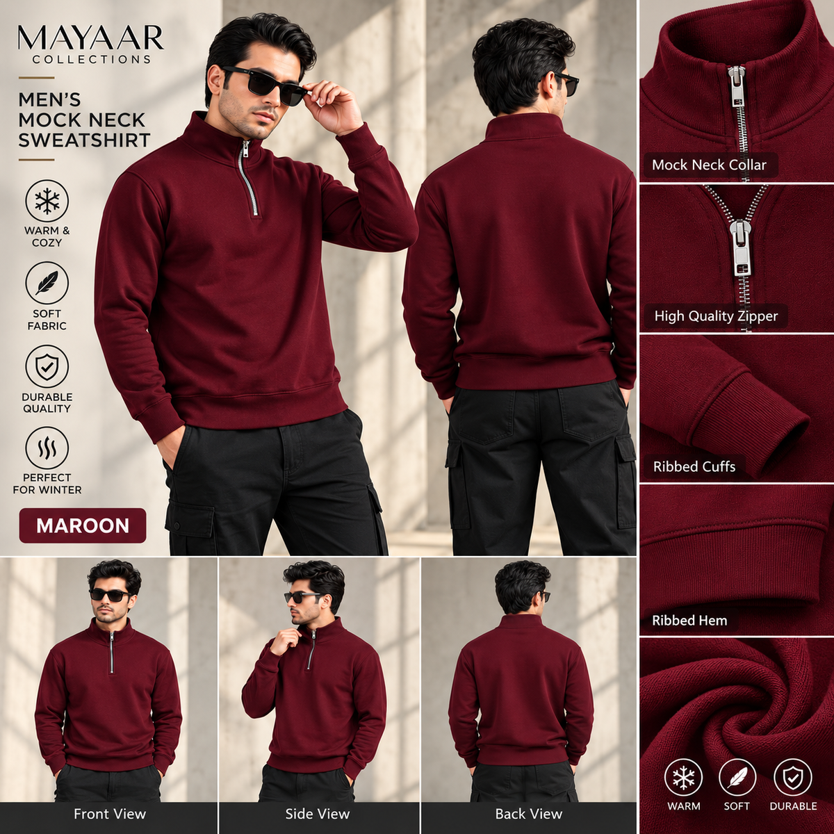 Men’s Maroon Mock Neck Sweatshirt – Long Sleeve Pullover Casual Top for Gym, Workout & Everyday Wear