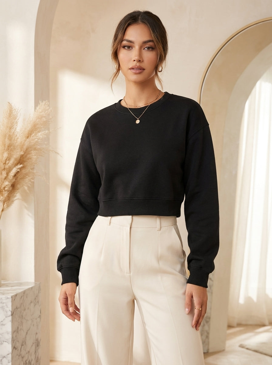 Women’s Black Crop Top – Half-Sleeve Round Neck Cropped T-Shirt