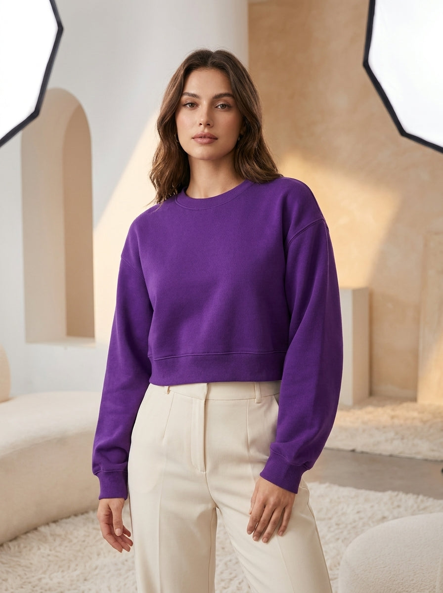 Women’s Purple Crop Top – Half-Sleeve Round Neck Cropped T-Shirt