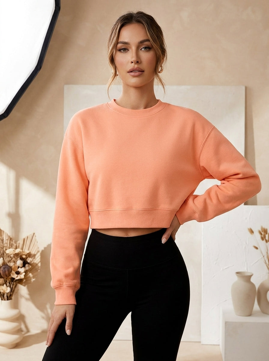 Women’s Pinkish Orange Crop Top – Half-Sleeve Round Neck Cropped T-Shirt
