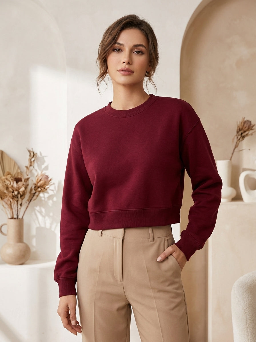 Women’s Maroon Crop Top – Half-Sleeve Round Neck Cropped T-Shirt
