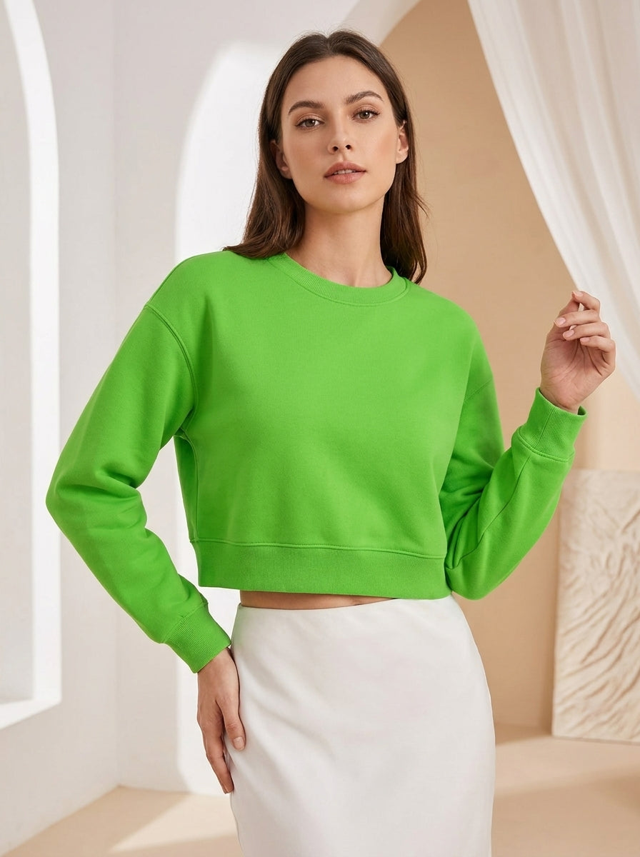 Women’s Parrot Green Crop Top – Half-Sleeve Round Neck Cropped T-Shirt