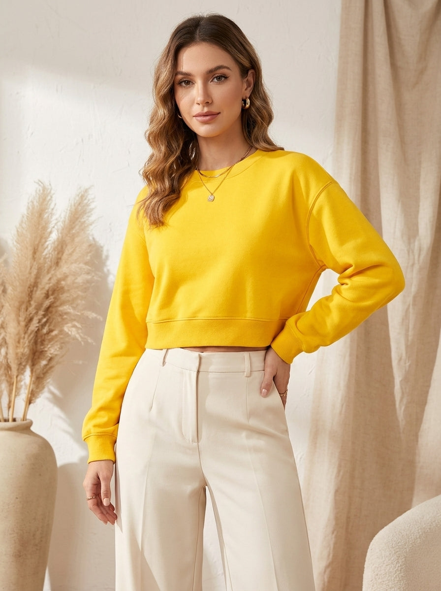 Women’s Yellow Crop Top – Half-Sleeve Round Neck Cropped T-Shirt