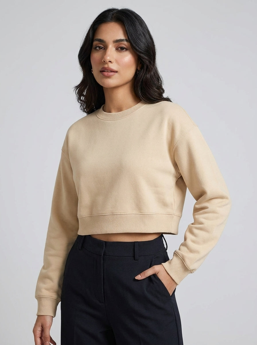 Women’s Beige Top – Half-Sleeve Round Neck Cropped T-Shirt