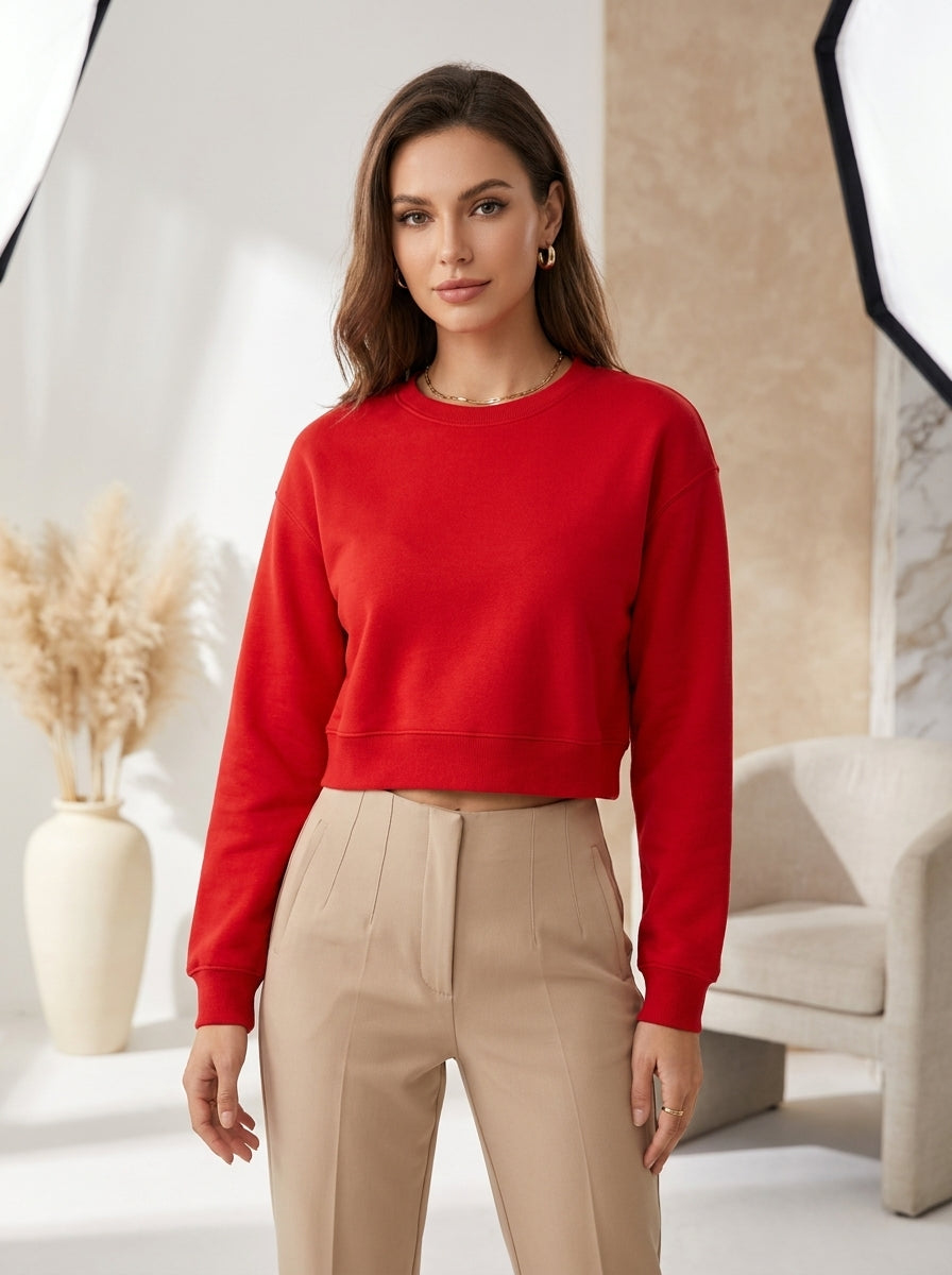 Women’s Red Crop Top – Half-Sleeve Round Neck Cropped T-Shirt