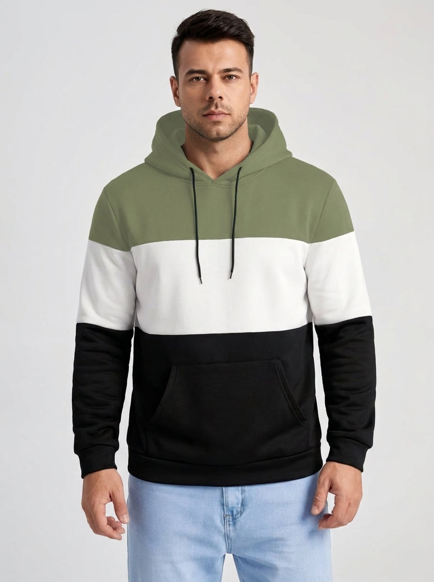 Men’s Color Block Hoodie – Olive Green, White & Black Casual Pullover Sweatshirt