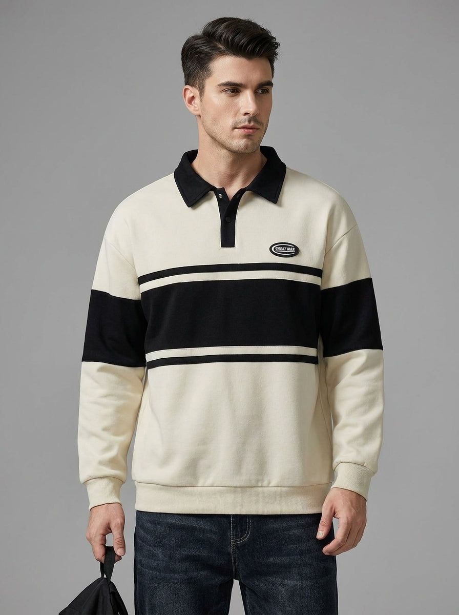 Men’s Cream & Black Hoodie – Pullover Long Sleeve Casual Sweatshirt for Gym & Everyday Wear