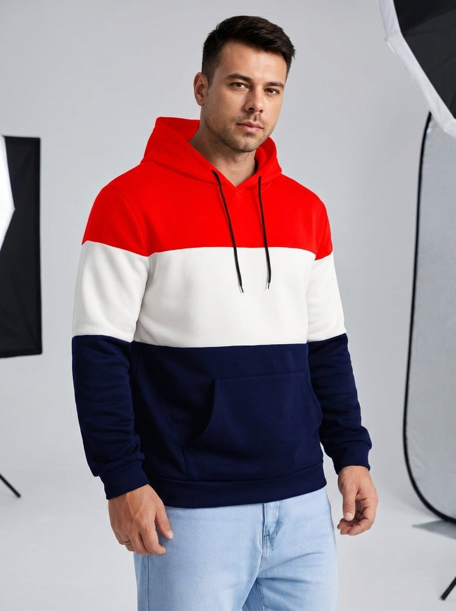 Men's Color Block Hoodie – Red, White & Black Casual Pullover with Kangaroo Pocket