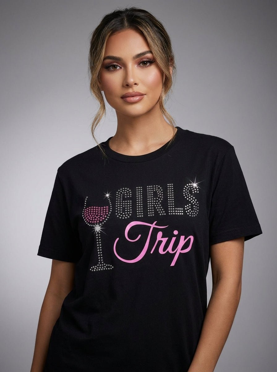 Women's Black Casual Graphic T-Shirt | Short Sleeve Crew Neck