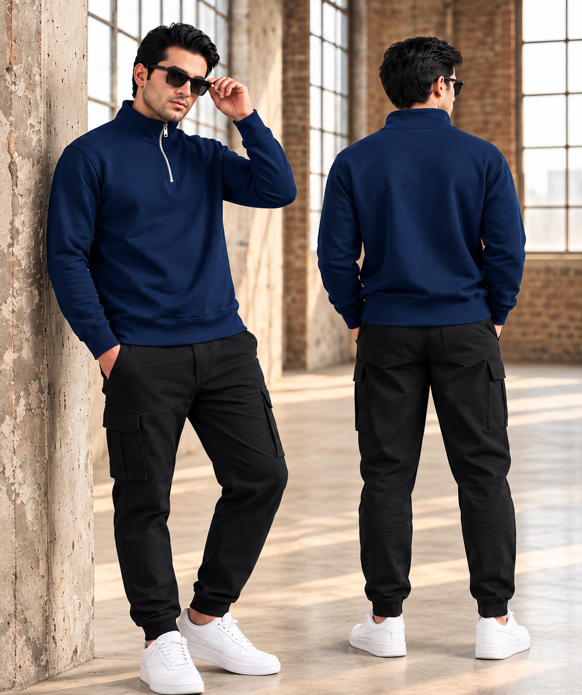 Men’s Navy Blue Mock Neck Sweatshirt – Long Sleeve Pullover Casual Top for Gym, Workout & Everyday Wear