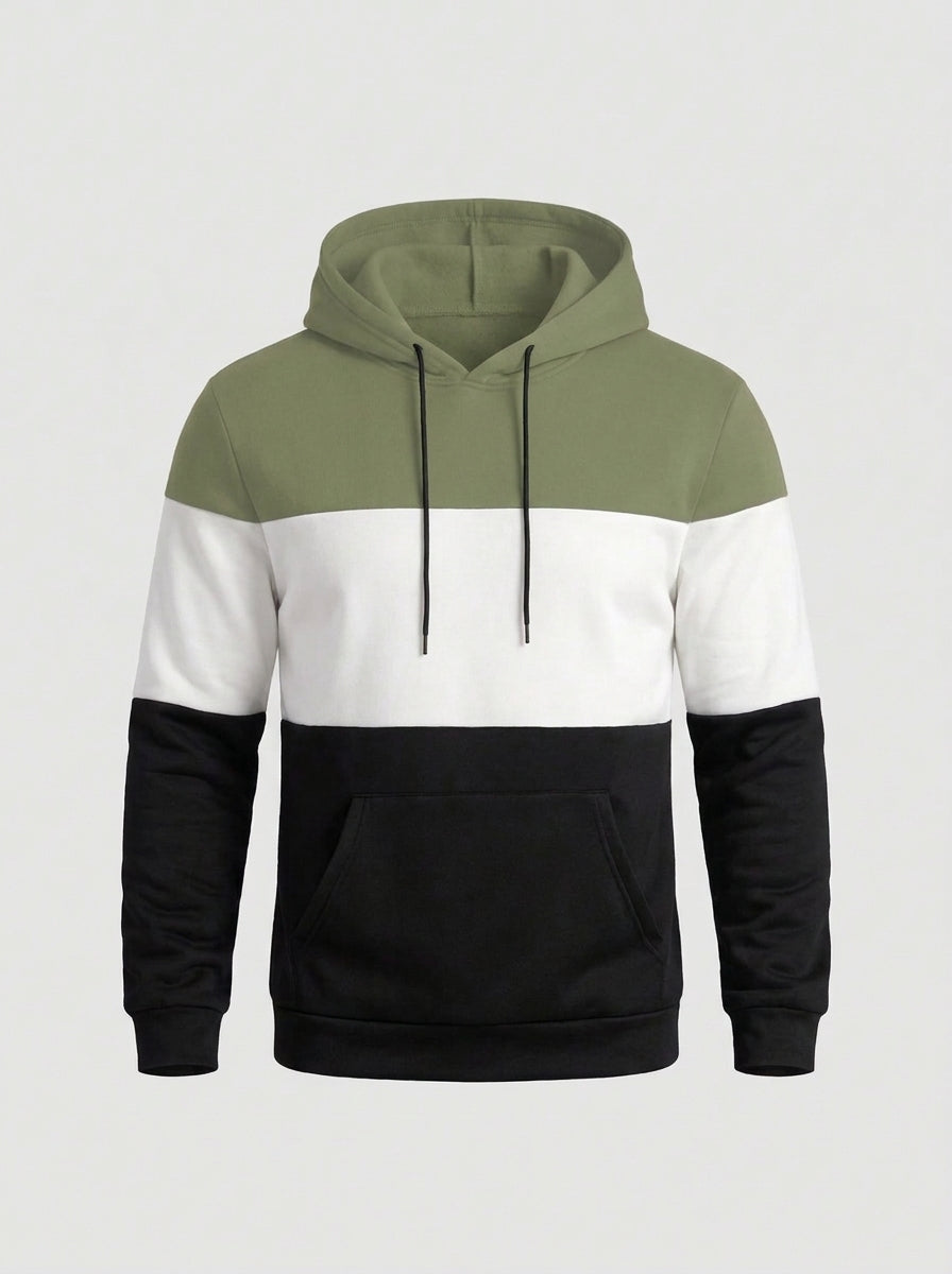 Men’s Color Block Hoodie – Olive Green, White & Black Casual Pullover Sweatshirt